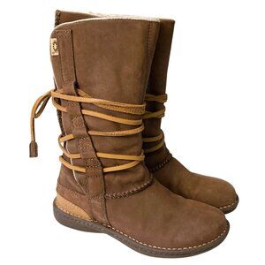 UGG Catalina Sheepskin Leather Boots Wrap Laces Mid Calf Size 6 Goober Brown